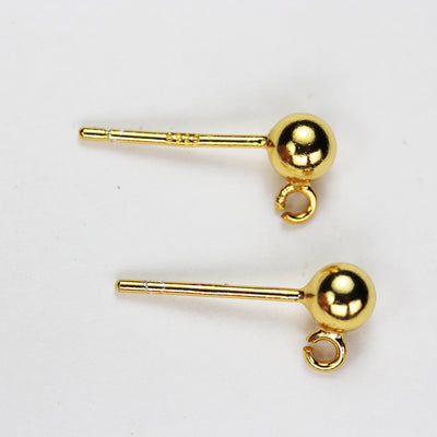 Gold Vermeil Style Earstud 6pcs 24kgold on 925 Sterling silver Jewellery Findings Earstud, 4mm ball with split-loop, 15*3mm,hole1.5mm