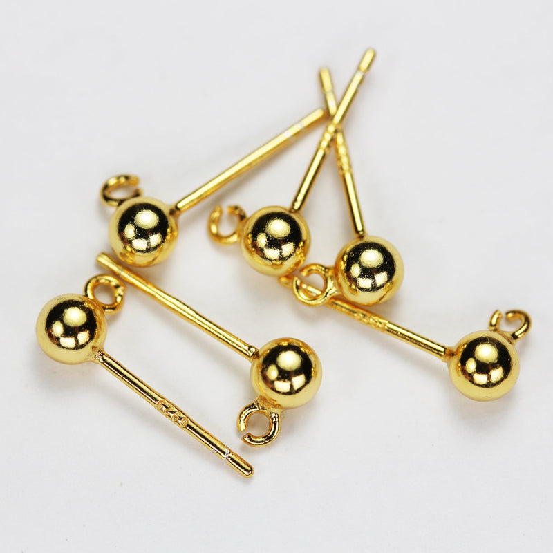 Gold Vermeil Style Earstud 6pcs 24kgold on 925 Sterling silver Jewellery Findings Earstud, 4mm ball with split-loop, 15*3mm,hole1.5mm