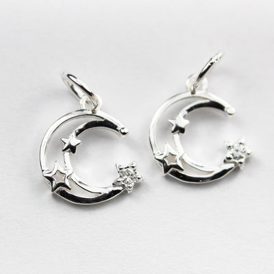 Charm 2pcs 925 Sterling Silver w/Cubic Zirconia Jewellery findings Charm Beads ,Moon and Star charm, 10mm, 5mm closed jump ring