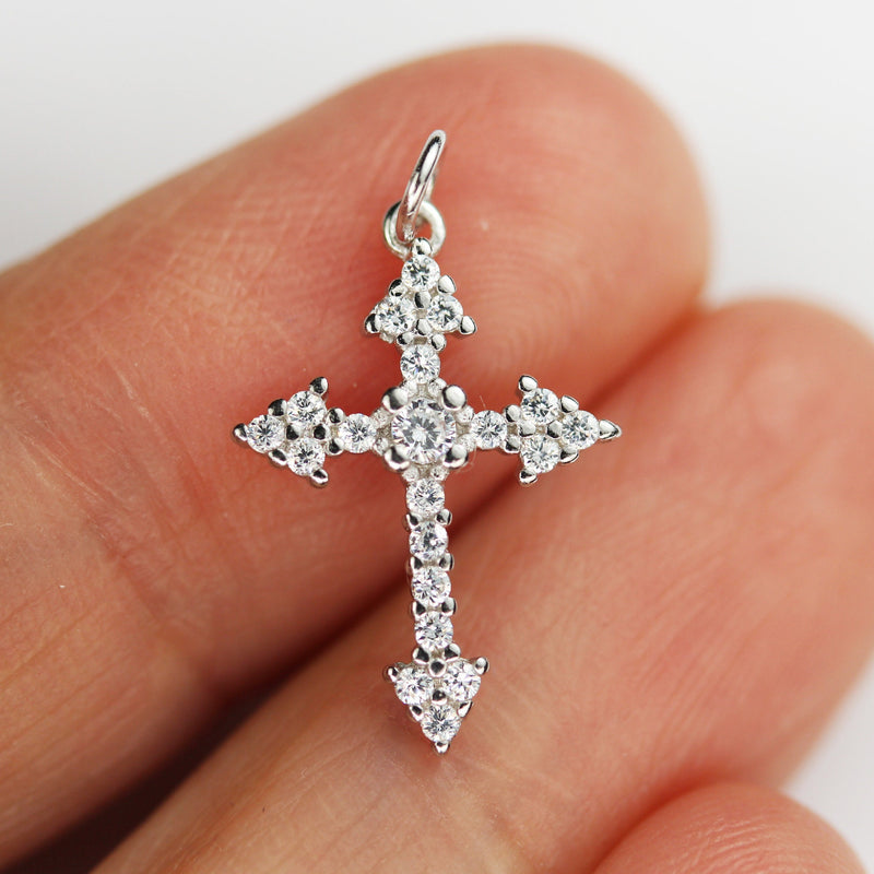 Silver Charm 2pcs 925 Sterling Silver w Cubic Zirconia Jewellery findings Cross Charms Beads, 12*16mm,4mm closed jump ring