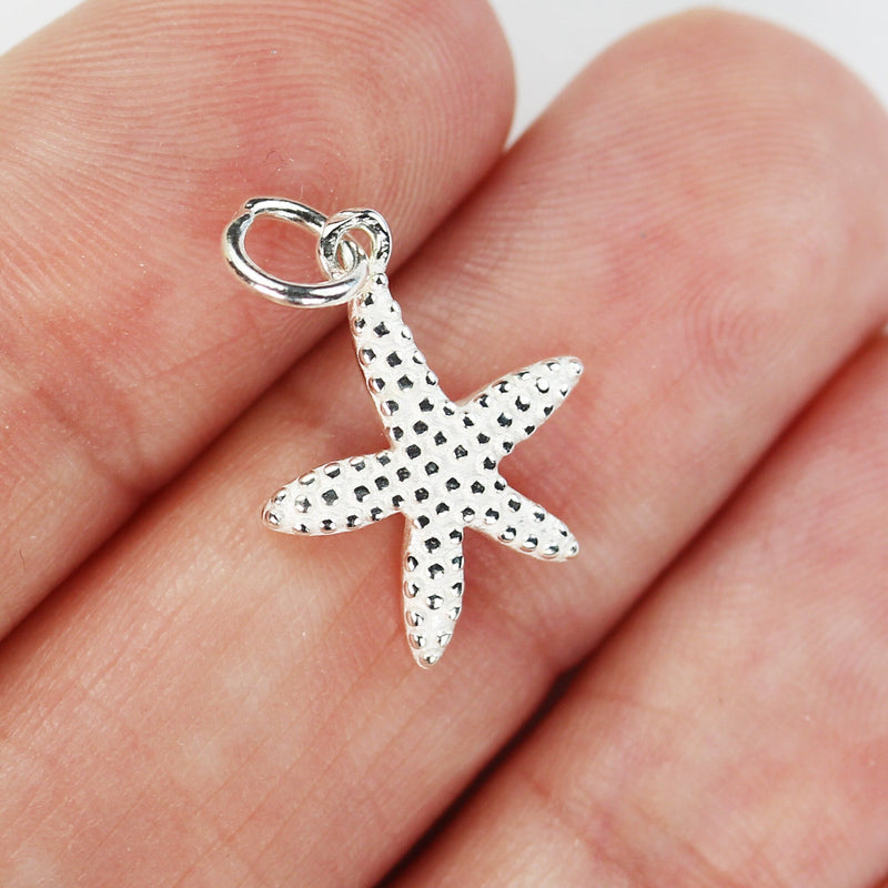 Charms 2pcs 925 Sterling Silver Star fish charms, Star Fish necklace pendant, 13*14mm, 6mm closed jump ring