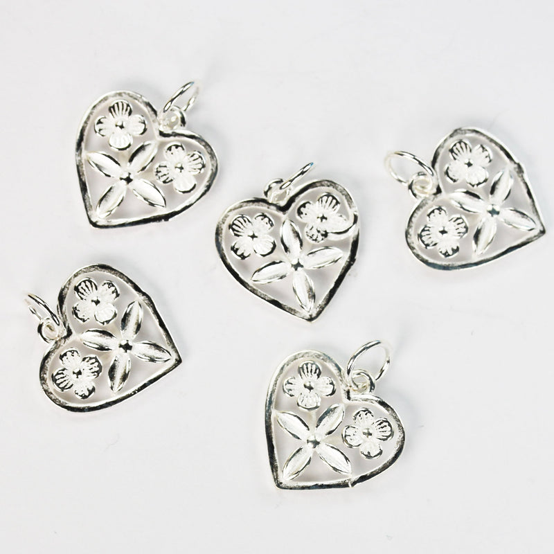 Charms 2pcs 14*14mm Floral Filigree Heart 925 Sterling Silver Jewellery findings Charm Beads , Heart pendant, 6mm Closed Jump Ring