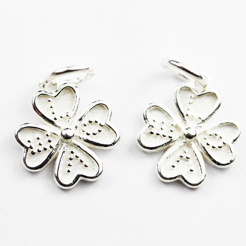 Silver Charm 2pcs 925 Sterling Silver Jewellery Findings Charm Beads , 12mm Four leaf clover, 6mm Closed Jump Ring