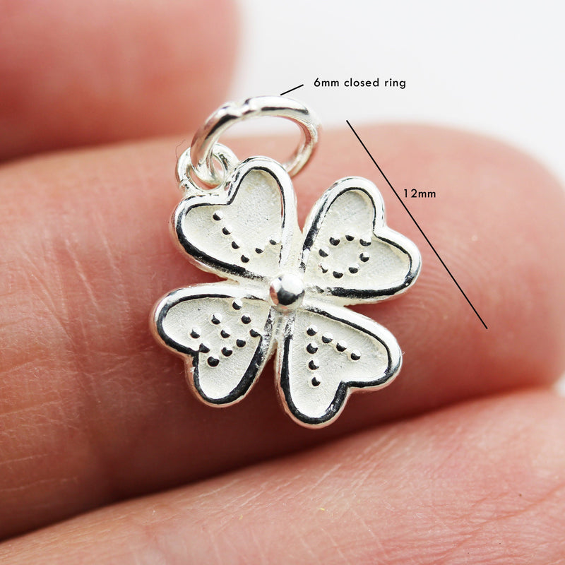 Silver Charm 2pcs 925 Sterling Silver Jewellery Findings Charm Beads , 12mm Four leaf clover, 6mm Closed Jump Ring