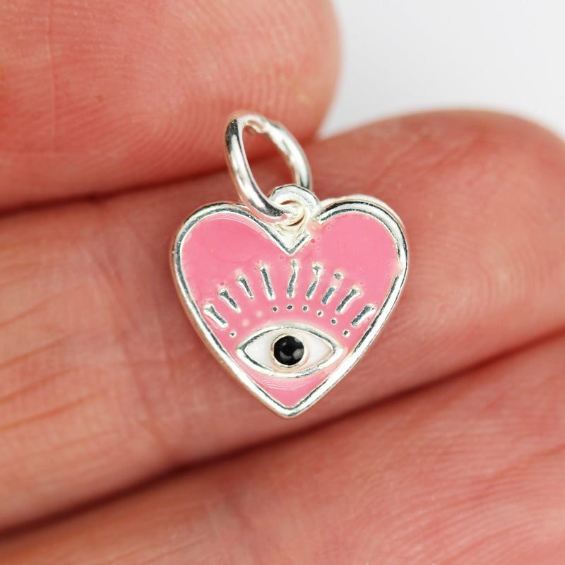 Silver Charm 2pcs 925 Sterling Silver Enamel Pink Evil Eye Heart Charms ,11*10mm, with 6mm Closed Jump Ring