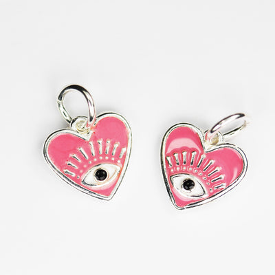 Silver Charm 2pcs 925 Sterling Silver Enamel Pink Evil Eye Heart Charms ,11*10mm, with 6mm Closed Jump Ring