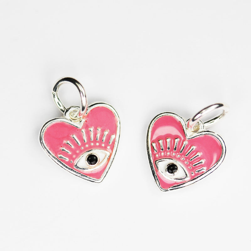 Silver Charm 2pcs 925 Sterling Silver Enamel Pink Evil Eye Heart Charms ,11*10mm, with 6mm Closed Jump Ring