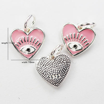 Silver Charm 2pcs 925 Sterling Silver Enamel Pink Evil Eye Heart Charms ,11*10mm, with 6mm Closed Jump Ring