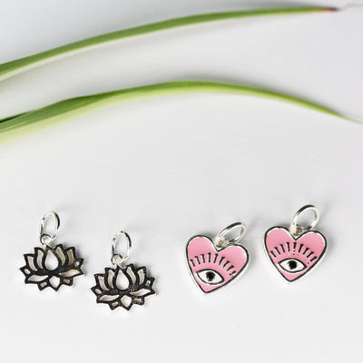 Silver Charm 2pcs 925 Sterling Silver Enamel Pink Evil Eye Heart Charms ,11*10mm, with 6mm Closed Jump Ring