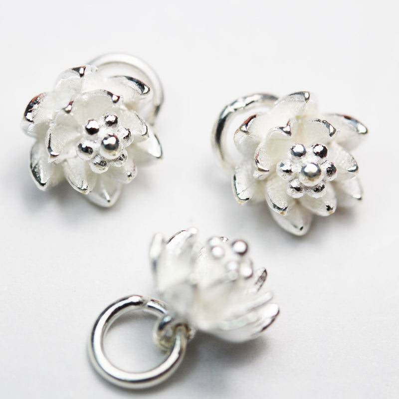 Charm 2pcs 925 Sterling Silver Jewellery findings Charm Beads , 10mm Flower Lotus Charm ,6mm jump ring