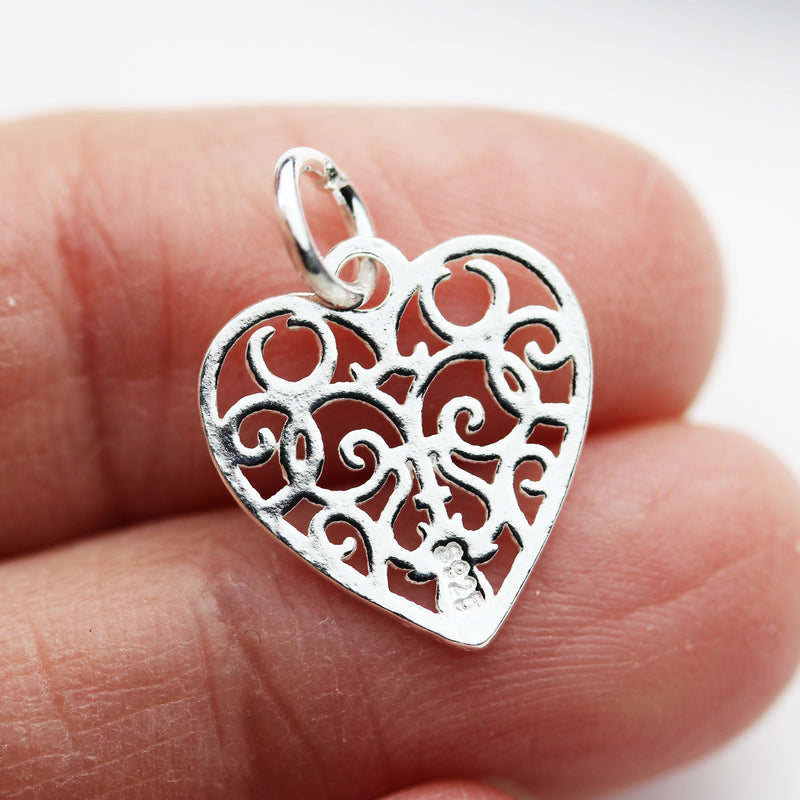 Charms 2pcs 14*15mm Filigree Heart 925 Sterling Silver Jewellery findings Charm Beads , Heart pendant