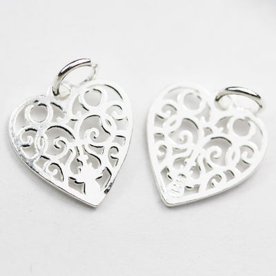 Charms 2pcs 14*15mm Filigree Heart 925 Sterling Silver Jewellery findings Charm Beads , Heart pendant