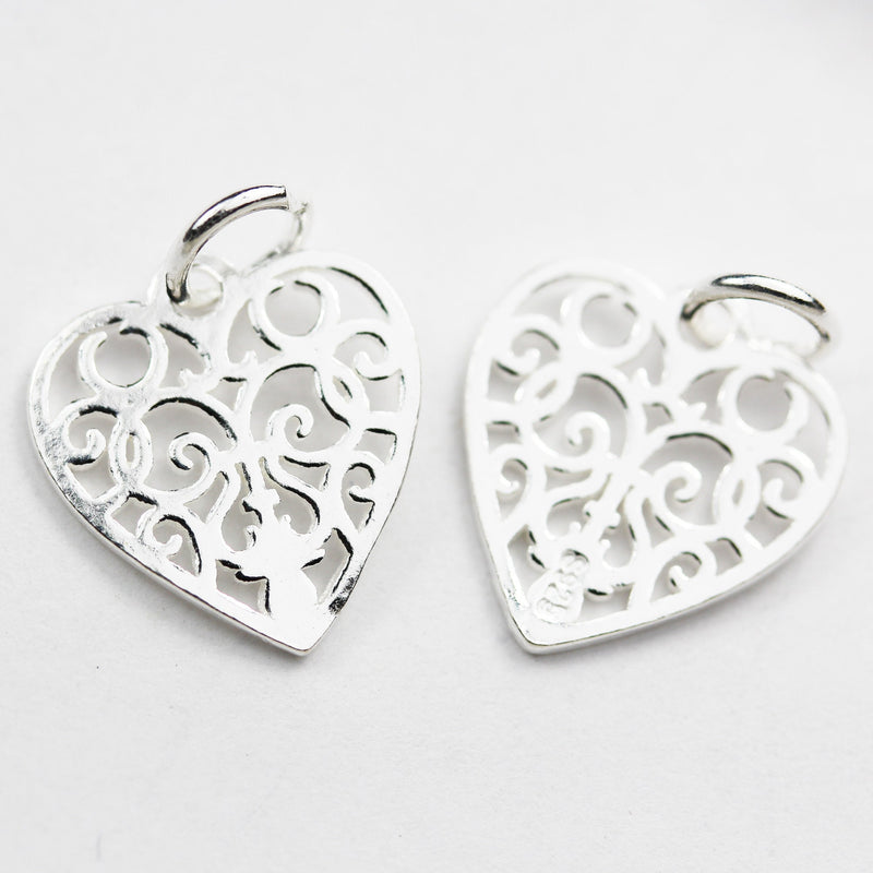 Charms 2pcs 14*15mm Filigree Heart 925 Sterling Silver Jewellery findings Charm Beads , Heart pendant