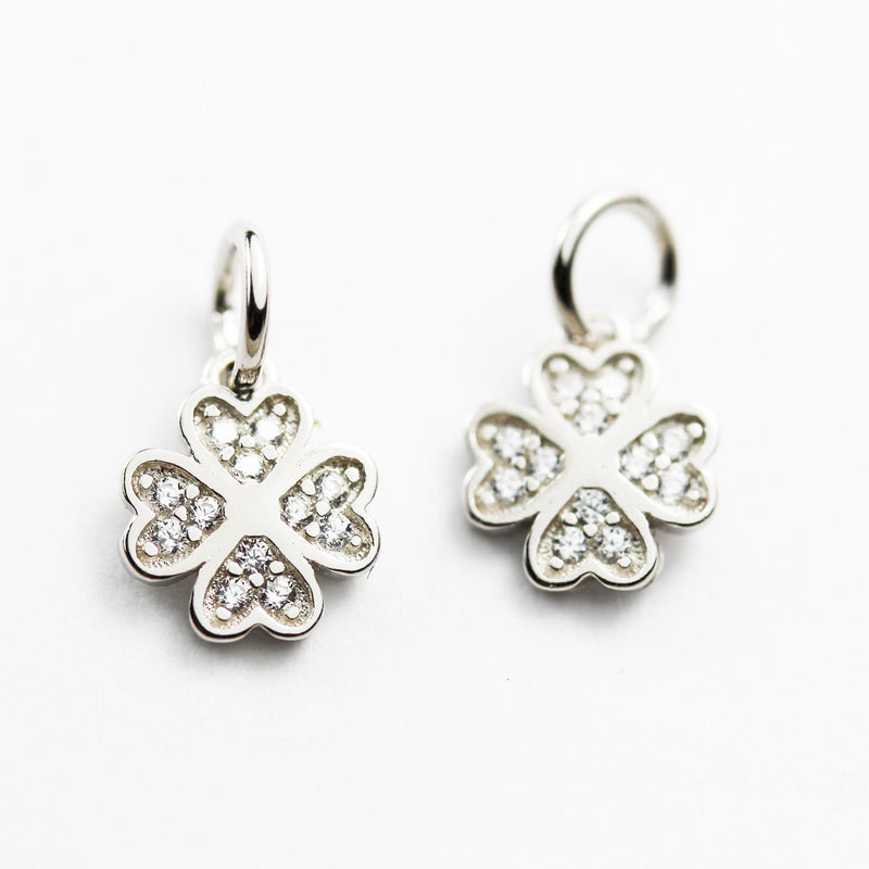 Charms 2pcs 925 Sterling Silver w/Cubic Zirconia Jewellery Findings Charm Beads ,Four leaf clover Charm, 8mm, 5mm Closed Jump Ring