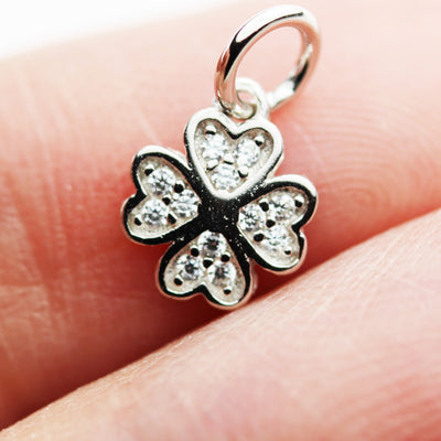 Charms 2pcs 925 Sterling Silver w/Cubic Zirconia Jewellery Findings Charm Beads ,Four leaf clover Charm, 8mm, 5mm Closed Jump Ring