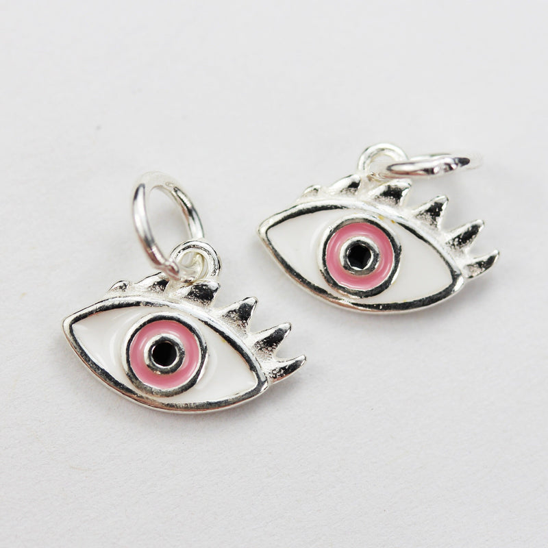 Silver Charm 2pcs 925 Sterling Silver Enamel Pink Evil Eye Charms ,13*9mm, with 6mm Closed Jump Ring