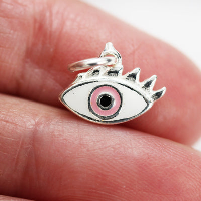 Silver Charm 2pcs 925 Sterling Silver Enamel Pink Evil Eye Charms ,13*9mm, with 6mm Closed Jump Ring