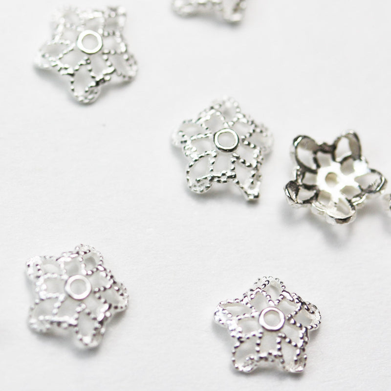 Silver Caps 25pcs 6mm 925 Sterling silver Jewelry Findings Bead cap,6mm Flower cap, 2mm height ,0.8mm hole