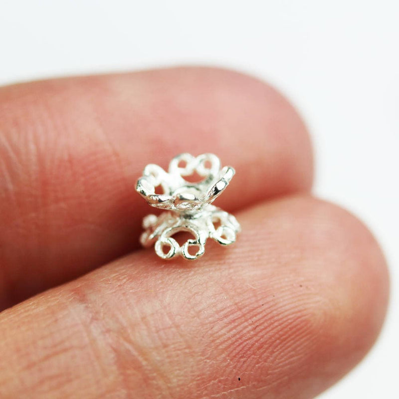 Bead Cap 6pcs 7mm 925 sterling silver Jewelry Findings Double Bead cap, 7mm Filigree Flower cap,6mm height, 1mm hole