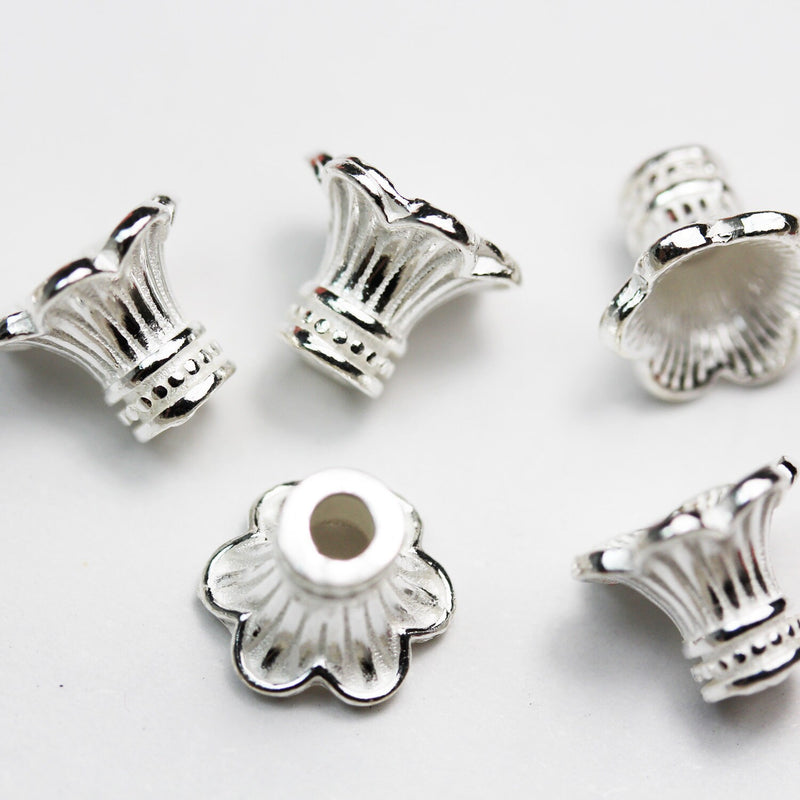 End Caps 2pcs 925 sterling silver Jewelry Findings Bead cap,11mm Flower cap,9mm Height, Fits for 10mm beads,2mm hole