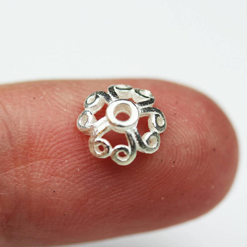 8mm Silver Bead cap 6pcs 925 Sterling silver Jewelry Findings ,8mm Flower cap, 3mm height ,1mm hole