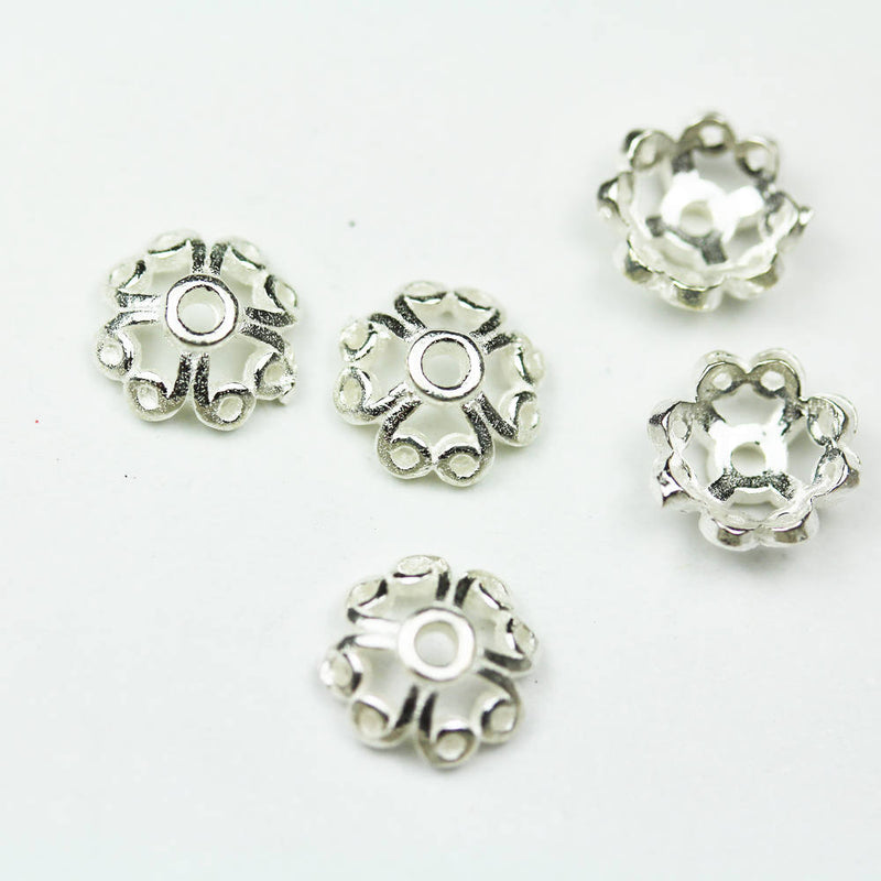 8mm Silver Bead cap 6pcs 925 Sterling silver Jewelry Findings ,8mm Flower cap, 3mm height ,1mm hole