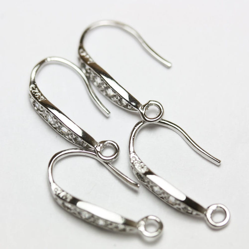 Earring Findings 4pcs 925 Sterling silver Jewellery Findings Earwire, 9*17mm flat Cubic Zirconia fishhook with1.5mm coil