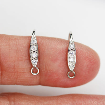 Earring Findings 4pcs 925 Sterling silver Jewellery Findings Earwire, 9*17mm flat Cubic Zirconia fishhook with1.5mm coil