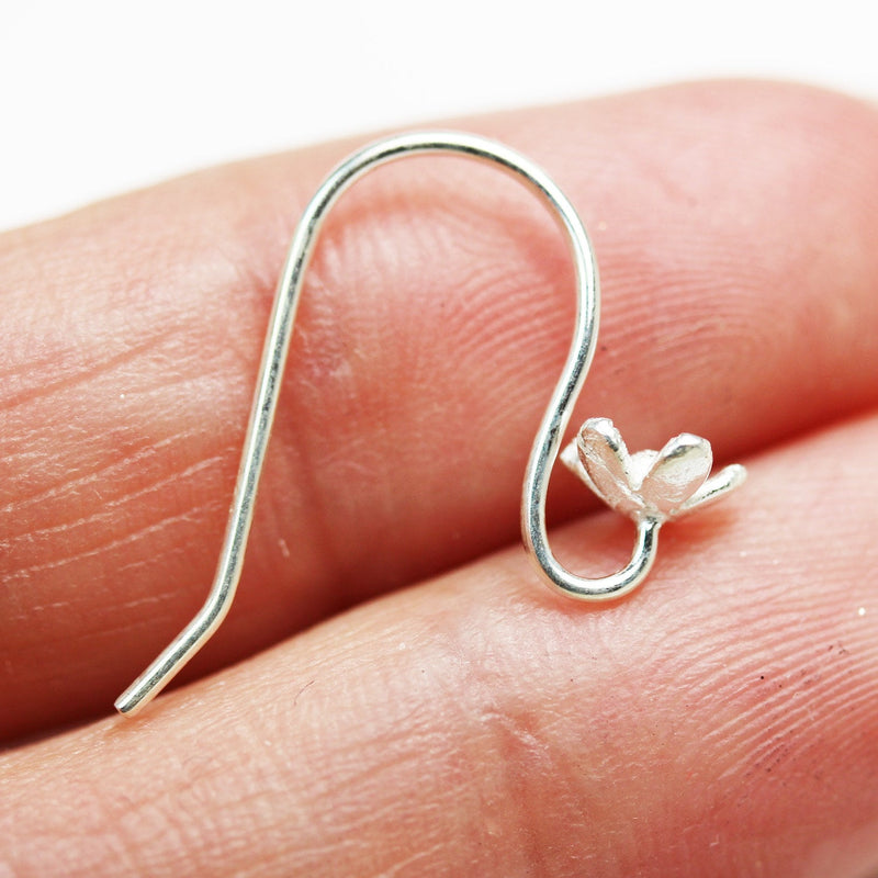 Earring Findings 4pcs 925 Sterling silver Jewellery Findings Earwire,10mm flat fishhook with 6mm Flower