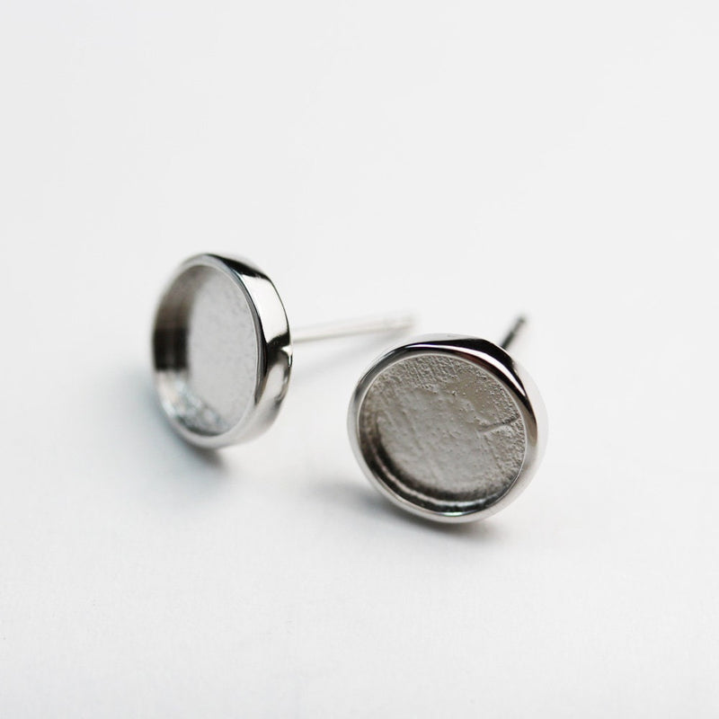 Bezel Setting Ear Studs 1Pair, 2pcs 9.5mm(for 8mm beads) 925 Sterling silver Jewellery Findings Earrings Post , Round