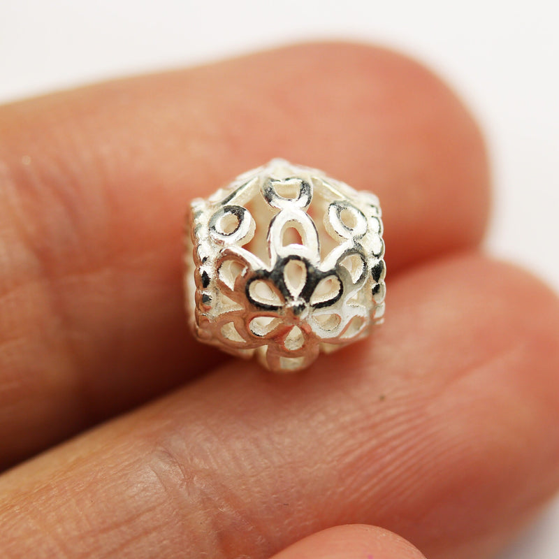 Round Beads 2pcs Big hole 925 Sterling Silver Jewellery findings Filigree Ball Beads, 8.5*9mm, hole4.5mm