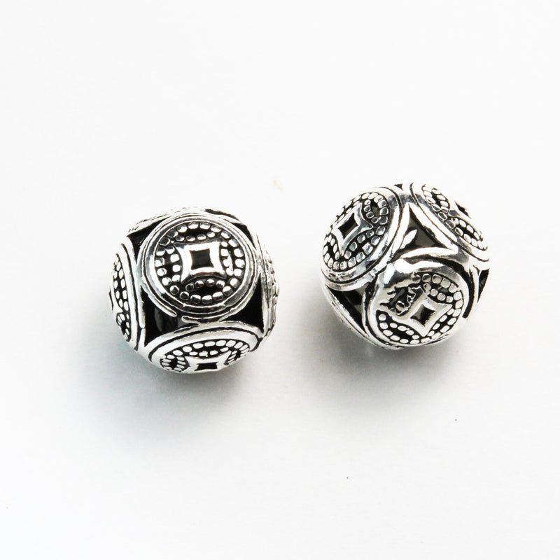 Silver Beads 2pcs 9mm Antiqued 925 Sterling Silver Ball Beads Round Beads Stelring Silver Bead  hole1mm