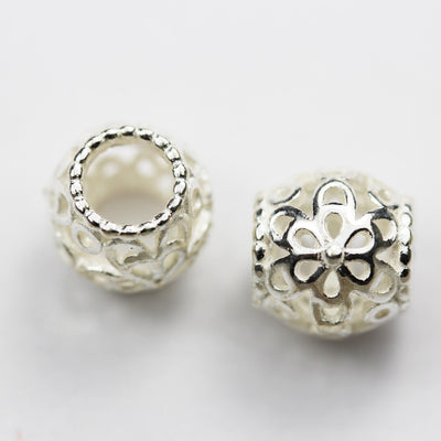 Round Beads 2pcs Big hole 925 Sterling Silver Jewellery findings Filigree Ball Beads, 8.5*9mm, hole4.5mm