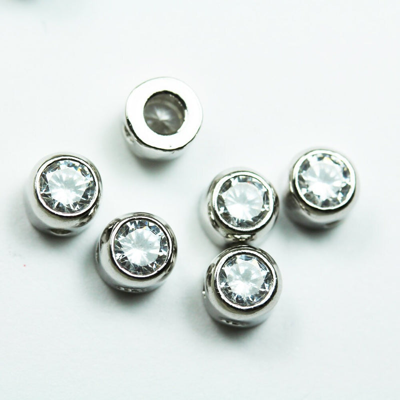 Silver Beads 2pcs 925 Sterling Silver Jewellery Beads Round cubic zirconia Beads w/925 Sterling Silver Bezel , 5.5mm round