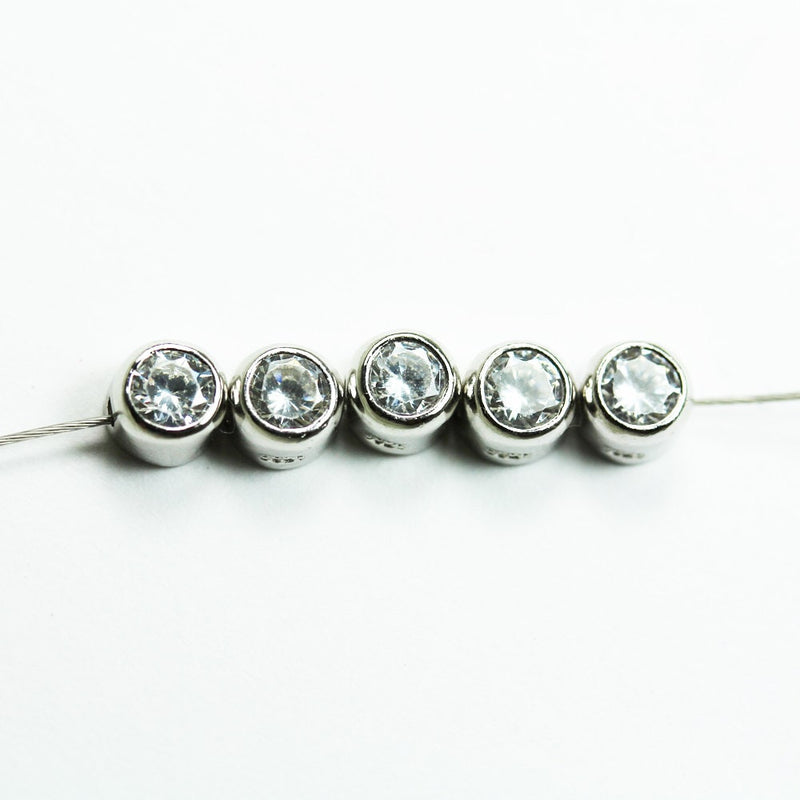 Silver Beads 2pcs 925 Sterling Silver Jewellery Beads Round cubic zirconia Beads w/925 Sterling Silver Bezel , 5.5mm round