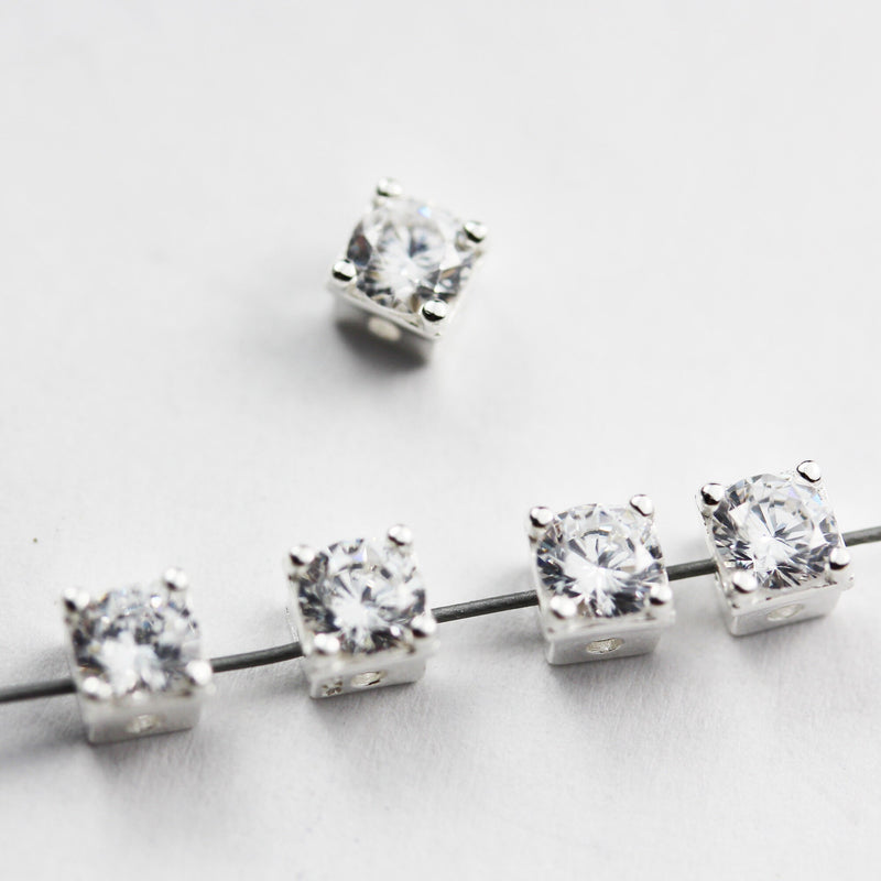 2pcs 925 Sterling Silver with Cubic zirconia ,Jewellery Cube Beads  , 4mm Cube, 1mm hole