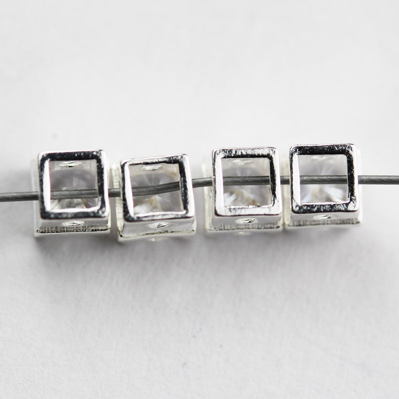 2pcs 925 Sterling Silver with Cubic zirconia ,Jewellery Cube Beads  , 4mm Cube, 1mm hole