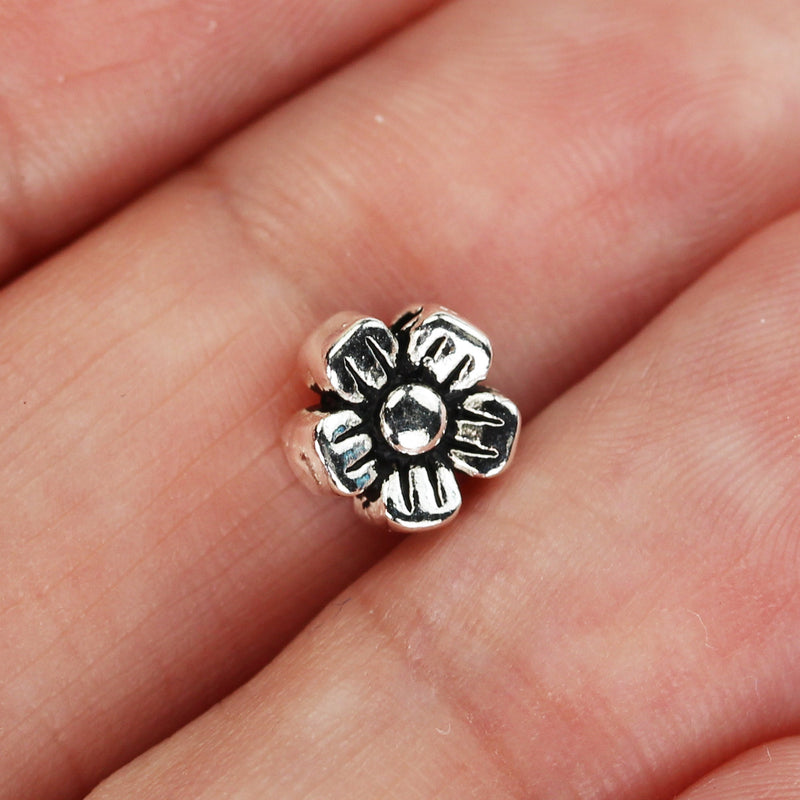 Antique Sterling Silver Beads 2pcs 925 Sterling Silver Jewellery findings Flower Beads, 7.5mm, 4mm thick