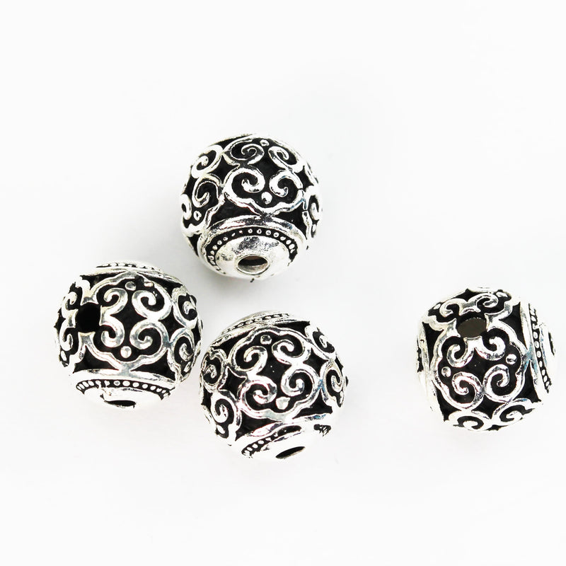 Guru Beads Three Holes T-Beads Mala Making 3 Holes Prayer Beads 2pcs 9mm Antiqued 925 Sterling Silver Ball Beads, 9mm, hole1.5mm