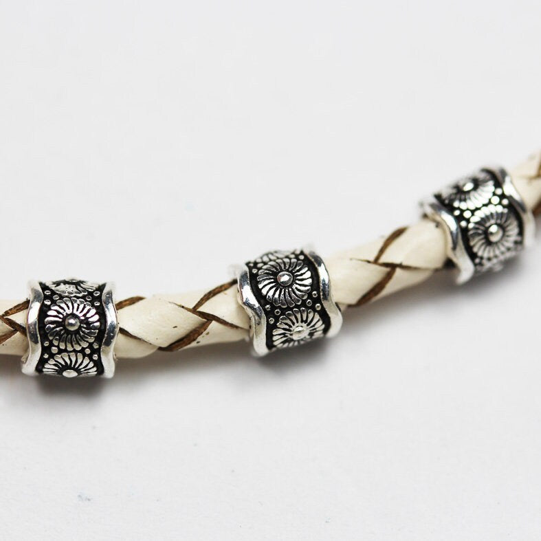 4pcs Big hole Antiqued 925 Sterling Silver Jewellery findings Filigree Tube Beads, 6*6.5mm, hole 4mm