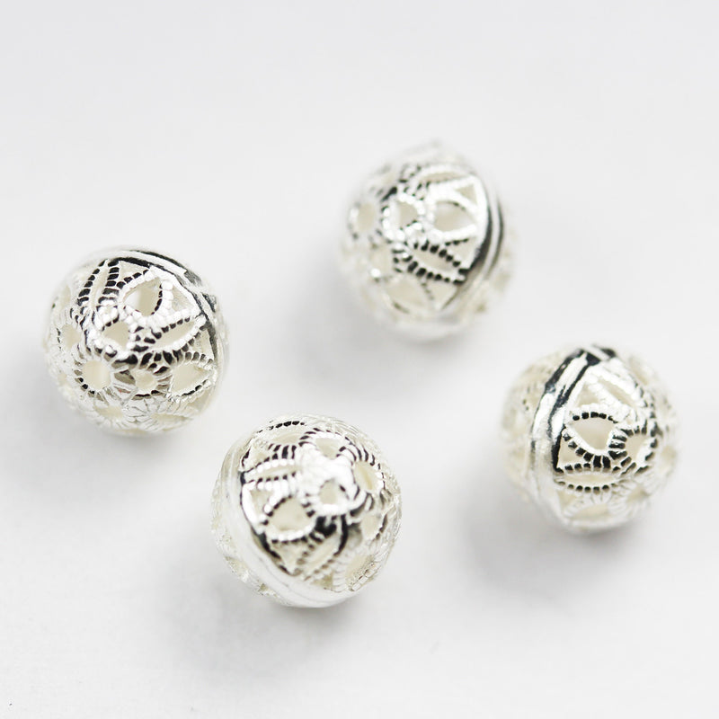 Silver Beads 4pcs  8mm 925 Sterling Silver Jewellery findings Filigree Ball Beads ,8mm round, hole1mm