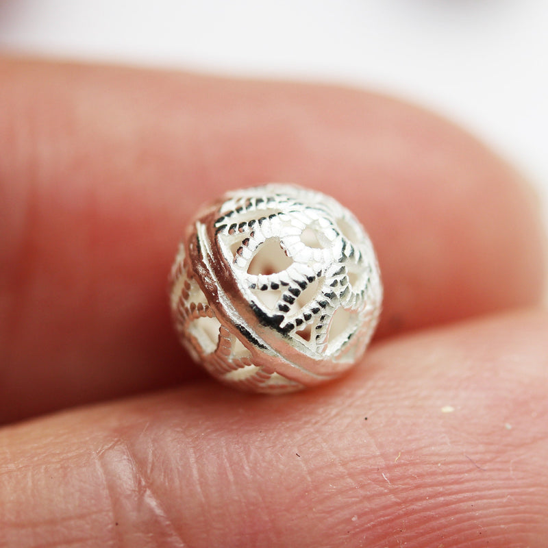 Silver Beads 4pcs  8mm 925 Sterling Silver Jewellery findings Filigree Ball Beads ,8mm round, hole1mm