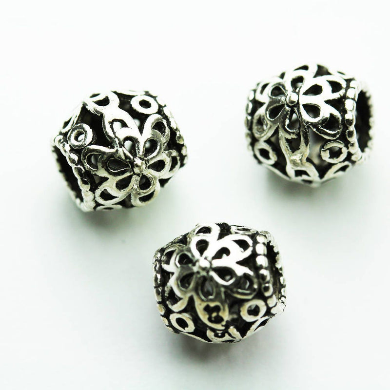 Round Beads 4pcs Big hole Antiqued 925 Sterling Silver Jewellery findings Filigree Ball Beads, 8*7mm, hole3.5mm