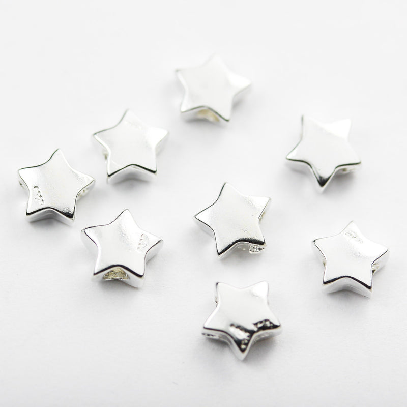 Star Beads 4pcs 925 Sterling Silver Jewellery findings Center Hole Beads , 7.5mm Star,1mm hole