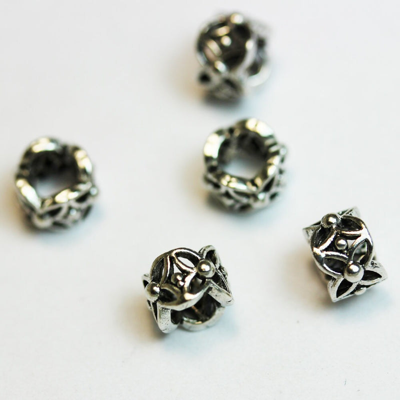 Silver Spacer Beads 6pcs Big hole 6mm Antiqued 925 Sterling Silver Jewellery findings Filigree Rondelle Beads, 4.5*6mm, hole3mm