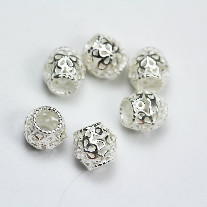 Round Beads 4pcs Big hole 925 Sterling Silver Jewellery findings Filigree Ball Beads, 7.5mm, hole3.5mm