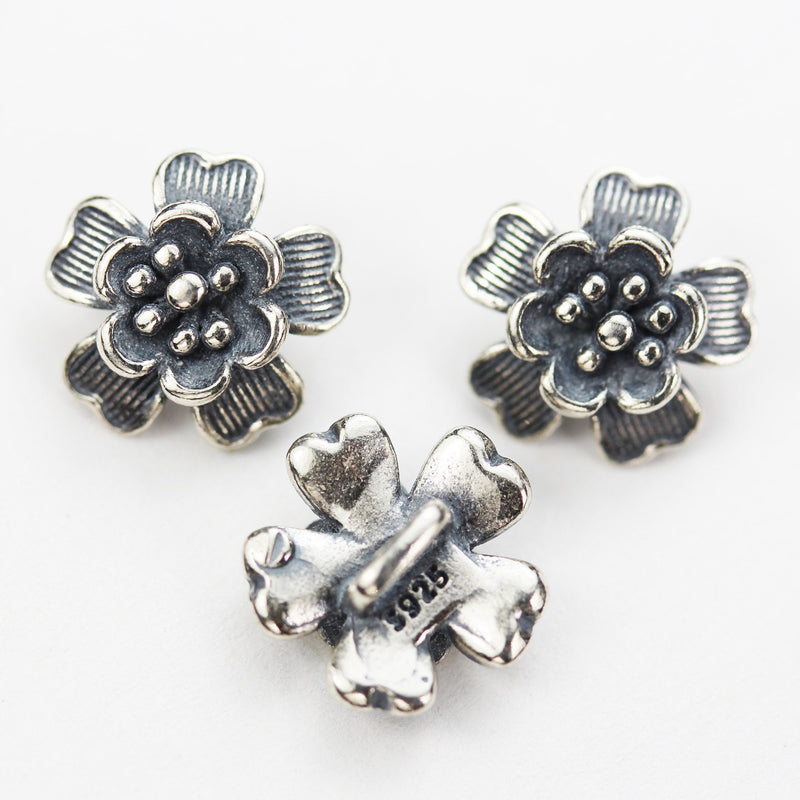 Silver Beads 2pcs 925 Antique Sterling Silver Jewellery findings  Flower Beads, 11mm Flower, 4mm thick, 2.5*2mm hole