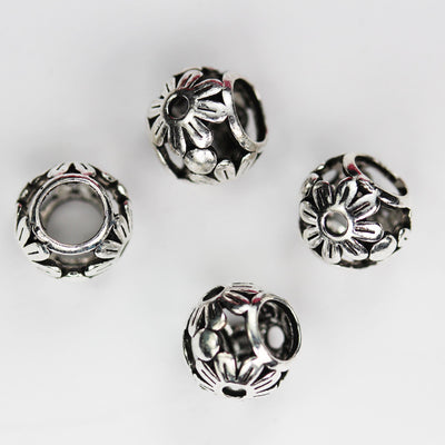 Sterling Silver Beads 2pcs Big Hole 9mm Antiqued 925 Sterling Silver Jewellery findings Filigree Ball Beads, hole5mm