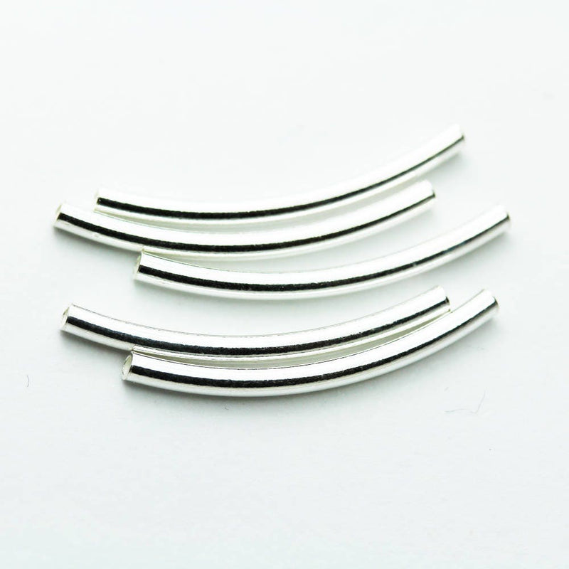 Tube Beads 6pcs 2*30mm 925 Sterling Silver, Jewelry 925 Silver Finding, Silver Curved Tube Beads, 1.3mm hole