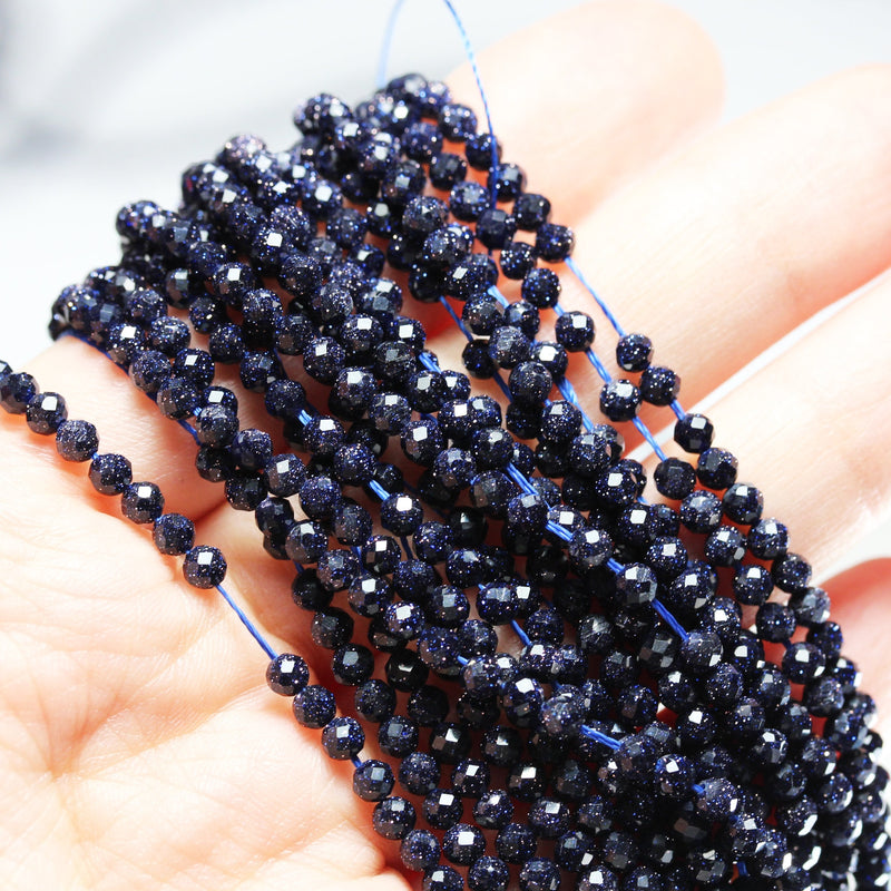 Blue Goldstone, 3mm Faceted Round Gemstone, 15.5inch , 0.8mm hole